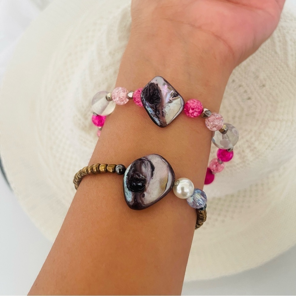 2 Bracelets Handmade Stretch beaded Mother of Pearl